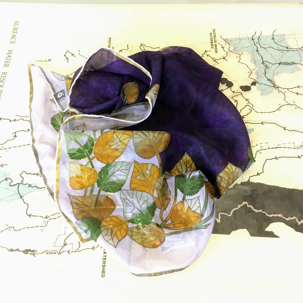 3/$50! Trade Routes Silk Scarf Long w Gold Leaves